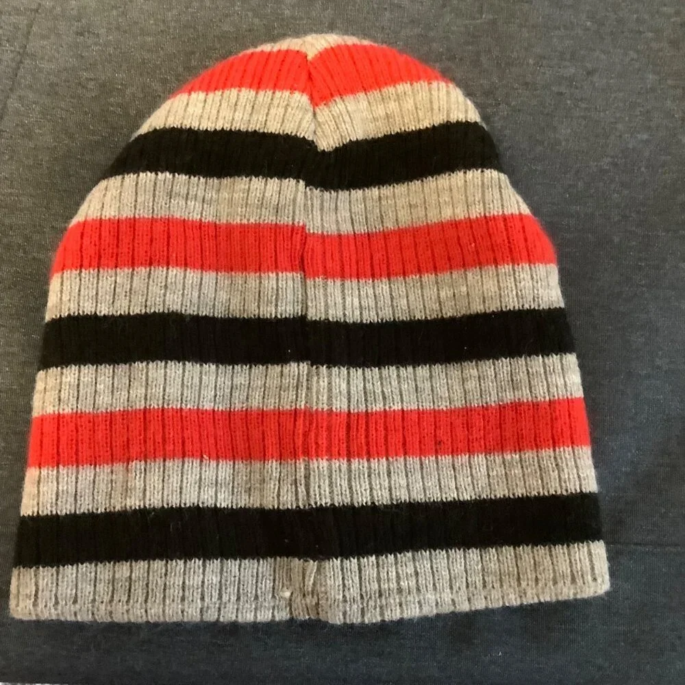 Mickey Mouse Striped Beanie‎ Hat For Kids Size 2T-5T Gray/Red/Black By Disney